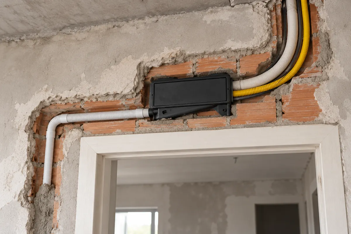 Caixa de infraestrutura para ar-condicionado embutida em parede durante uma obra