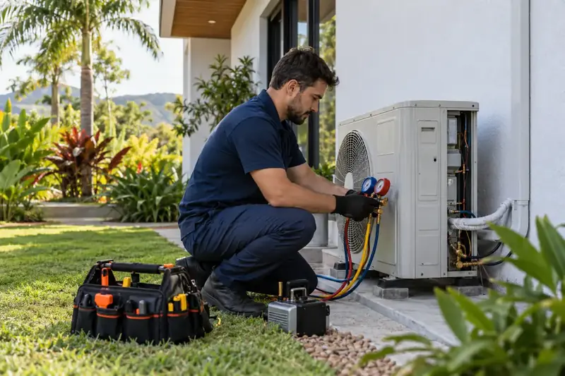 Profissional avaliando um equipamento de climatização em ambiente residencial, imagem ilustrativa